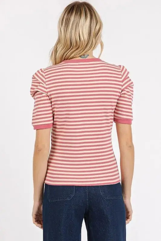 Mittoshop Striped Round Neck Puff Sleeve T-Shirt for Women - Love Salve